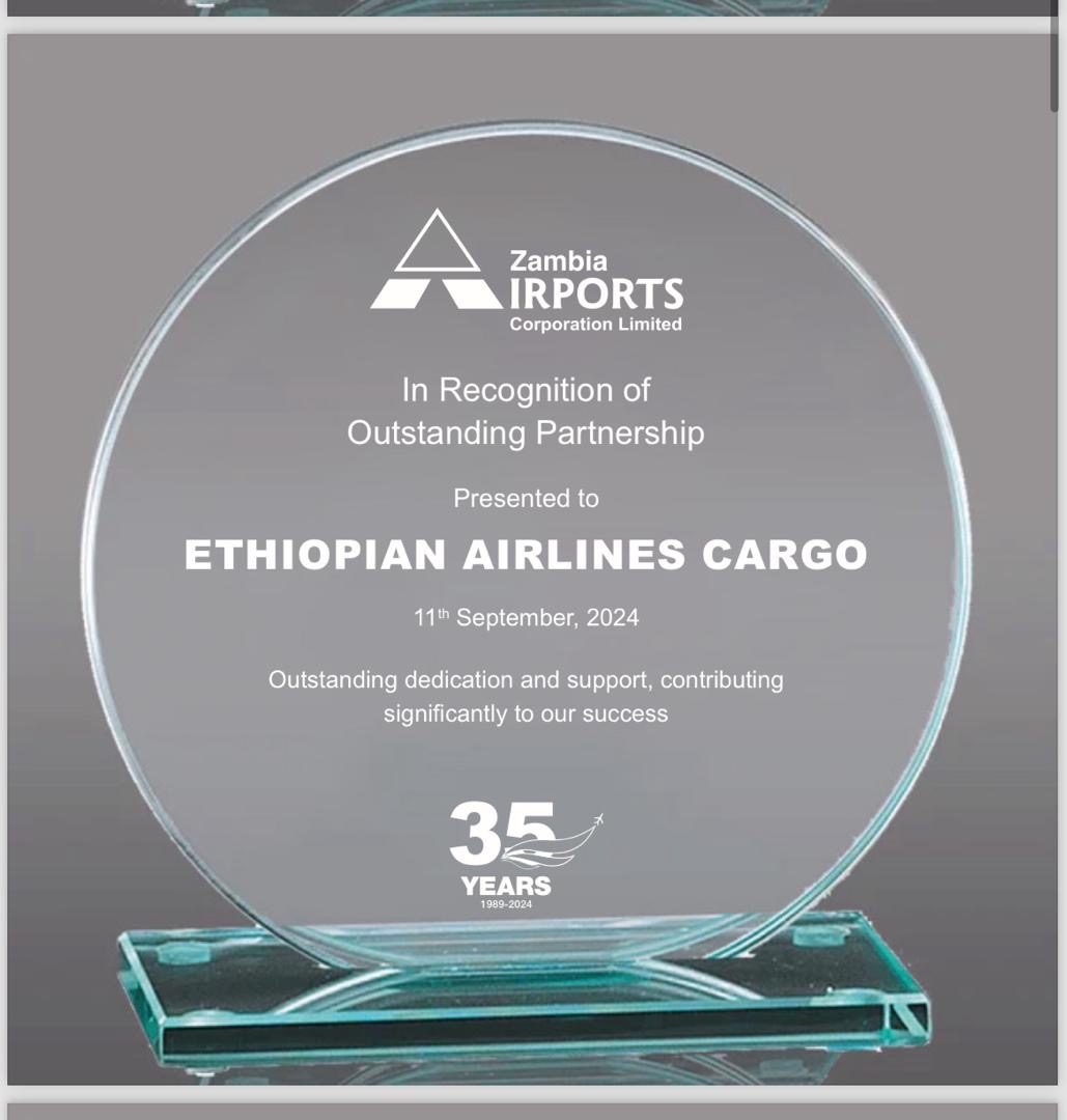 Read more about the article የኢትዮጵያ አየር መንገድ ከዛምቢያ ኤርፖርቶች ኮርፖሬሽን የእውቅና ሽልማት ተበረከተለት