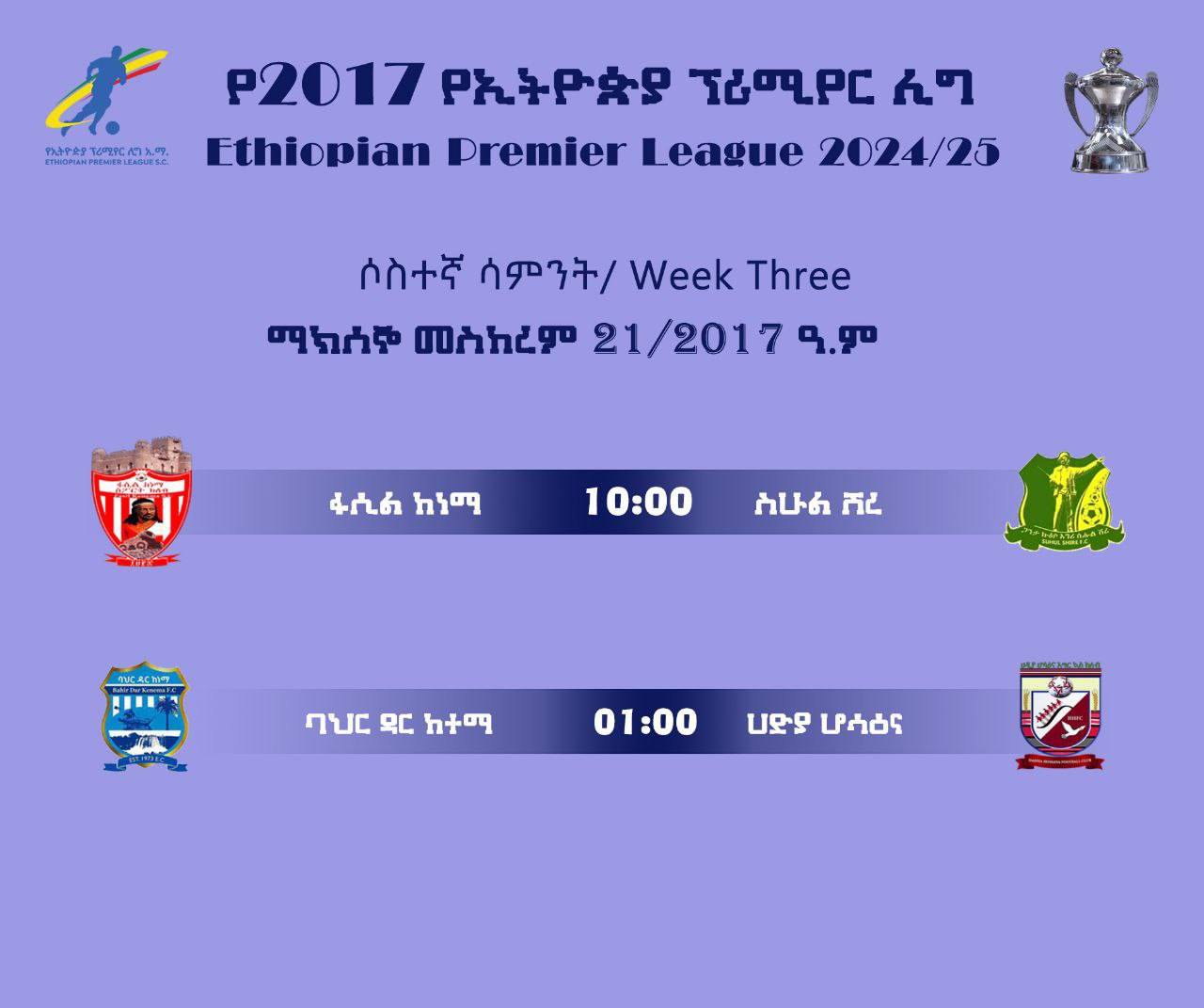 Read more about the article የኢትዮጵያ ፕሪሚየር ሊግ የሶስተኛ ሳምንት መርሃ ግብር ዛሬም ይካሄዳል