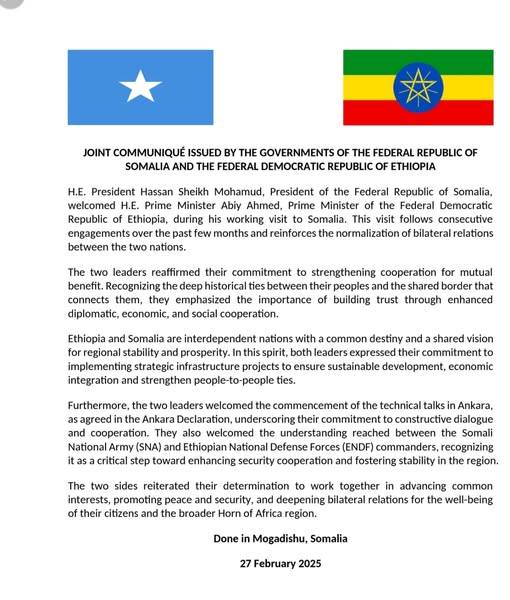 Read more about the article የኢትዮጵያ መንግስት እና የሶማሊያ መንግስት የጋራ መግለጫ